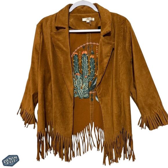 ANDRÉE by UNIT Tan Suede Fringe Jacket w/ Embroidered Cactus &Thunderbird Design - Picture 5 of 16
